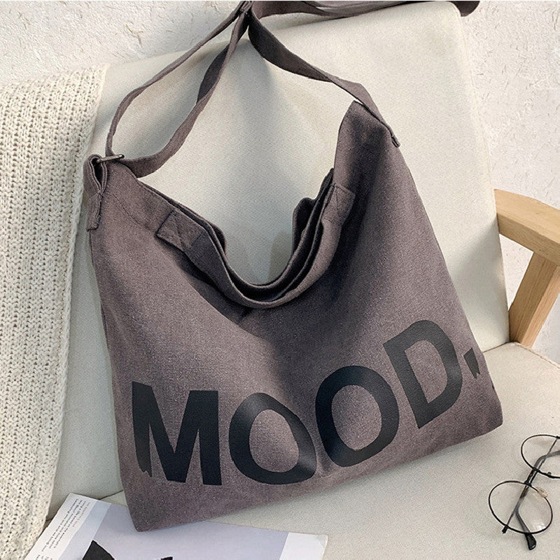 Letter Printed Canvas Tote Bag, Large Capacity Student Book Bag