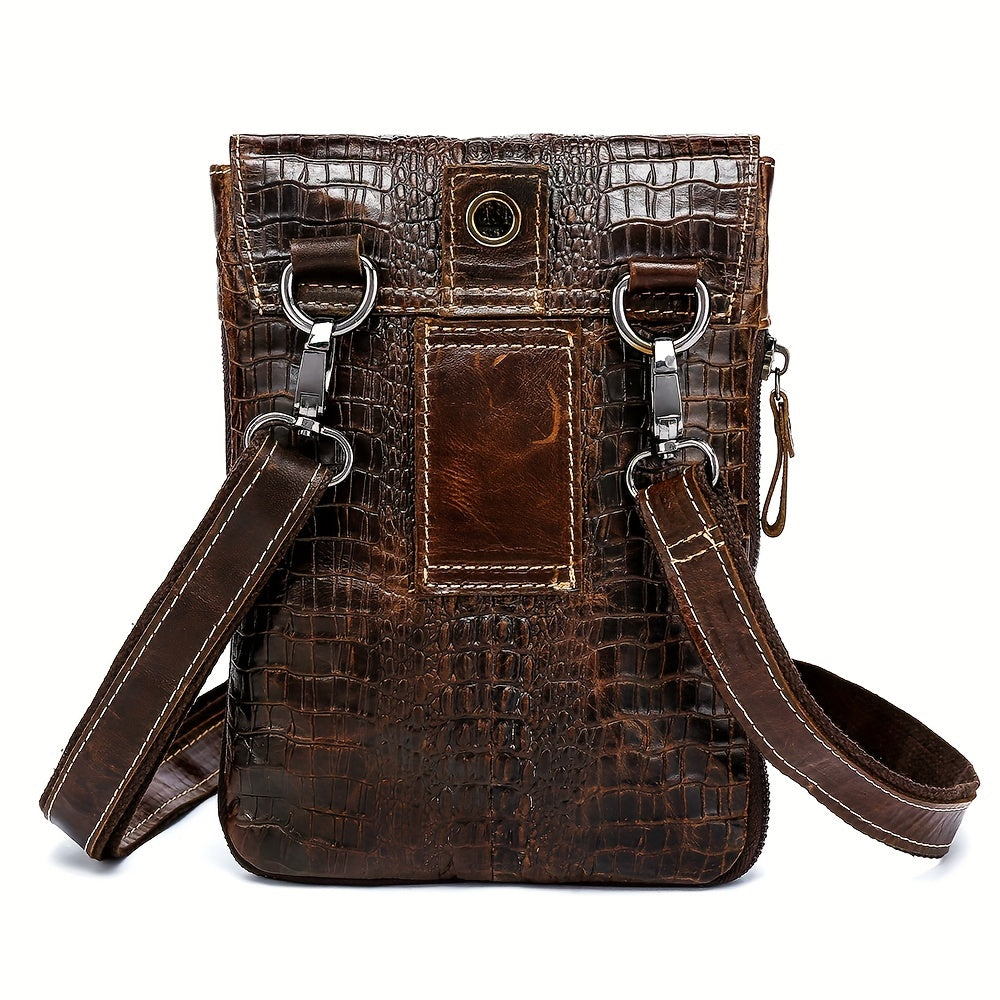 Crocodile Pattern Leather Messenger Bag, Retro Multi-Functional Bag