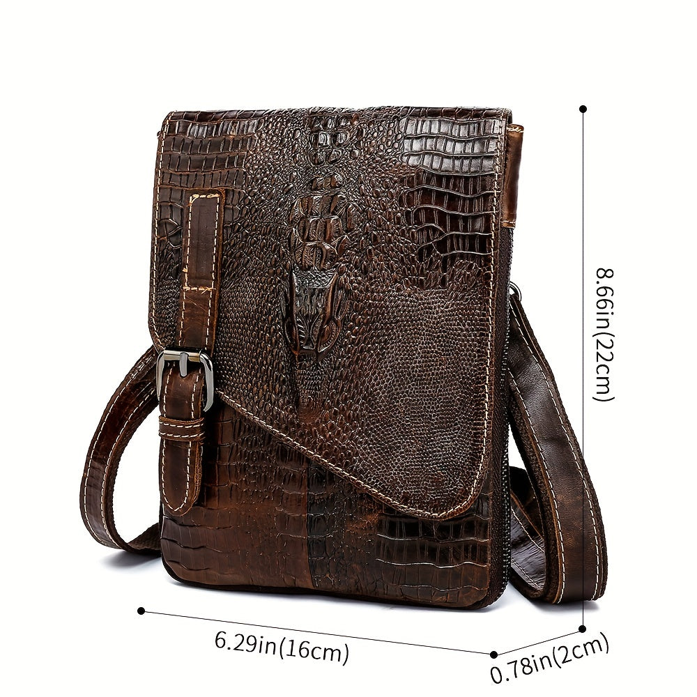 Crocodile Pattern Leather Messenger Bag, Retro Multi-Functional Bag